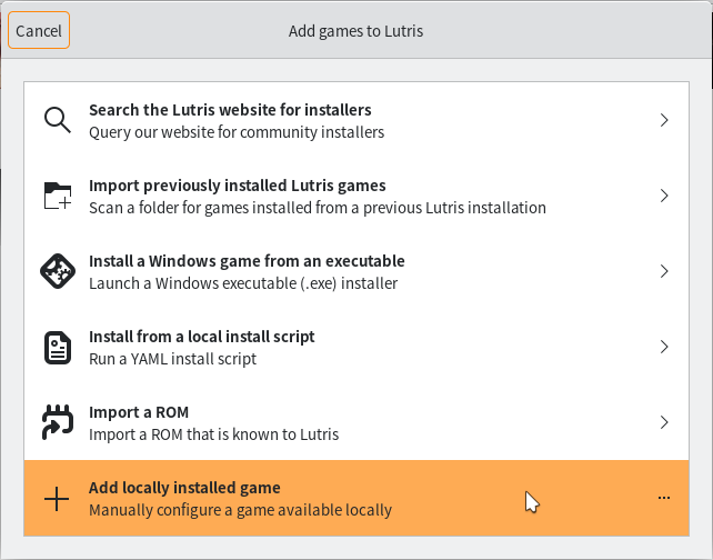 Lutris add local game