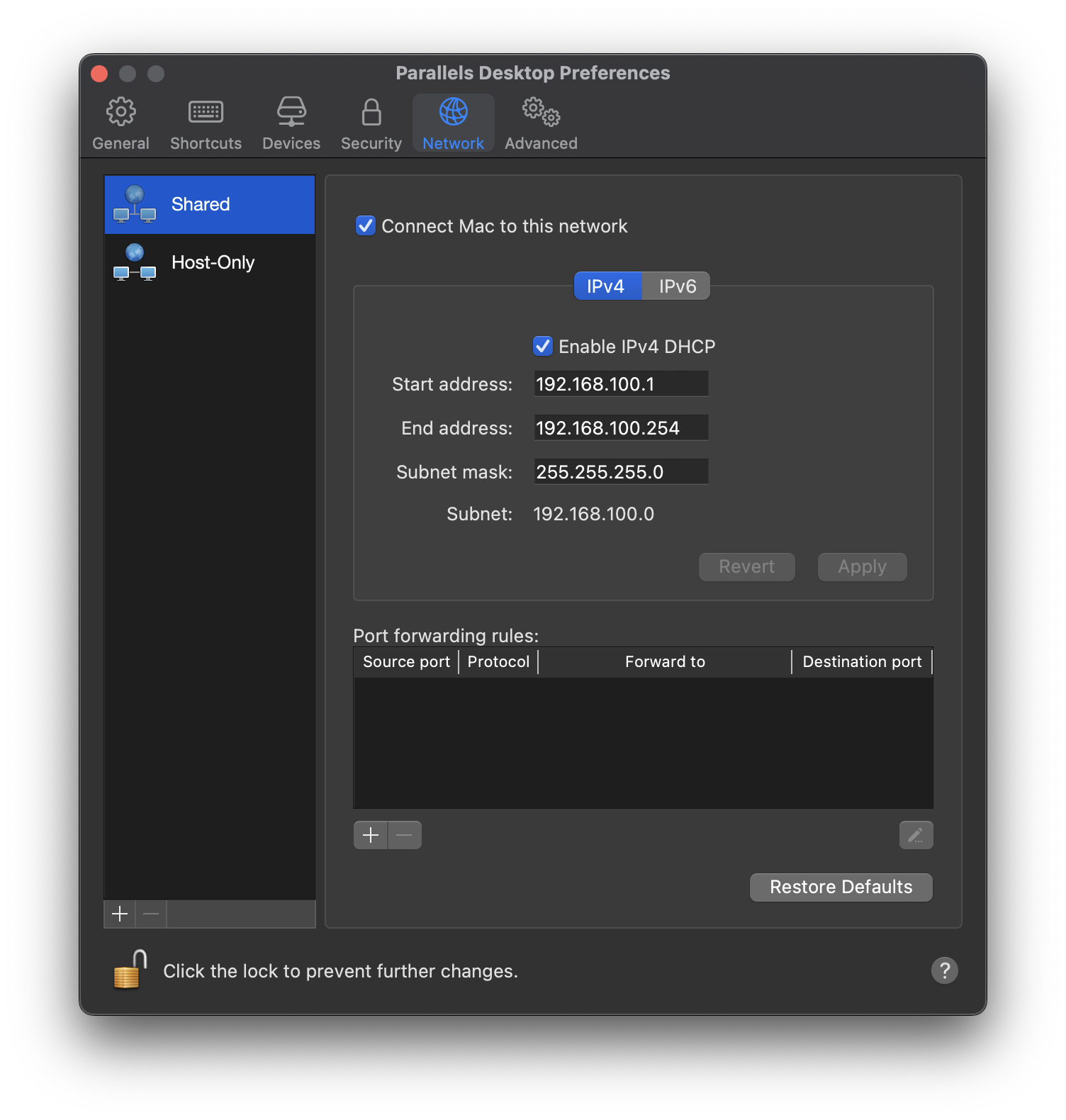 Parallels network settings